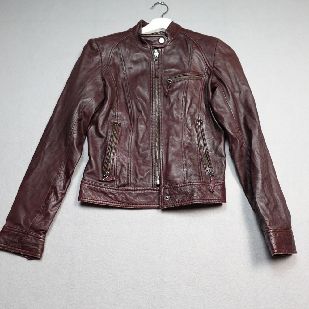 Wilsons Leather Moto Jacket Women XS Burgundy Cafe Racer Biker Zip Coat